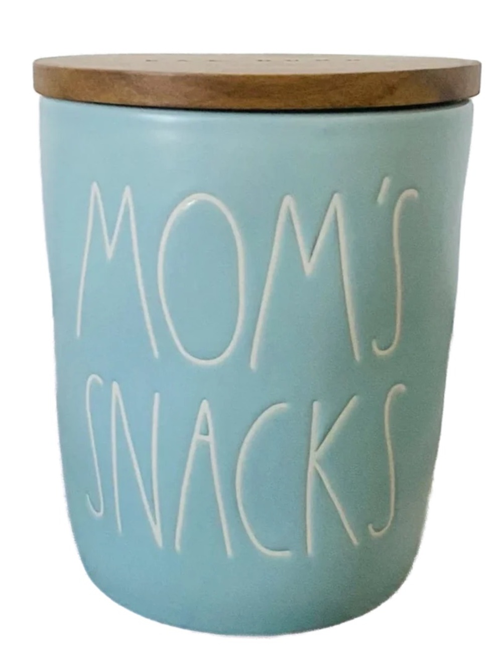 Rae Dunn Mom's Snacks Ceramic Canister with Wooden Lid - Light Blue